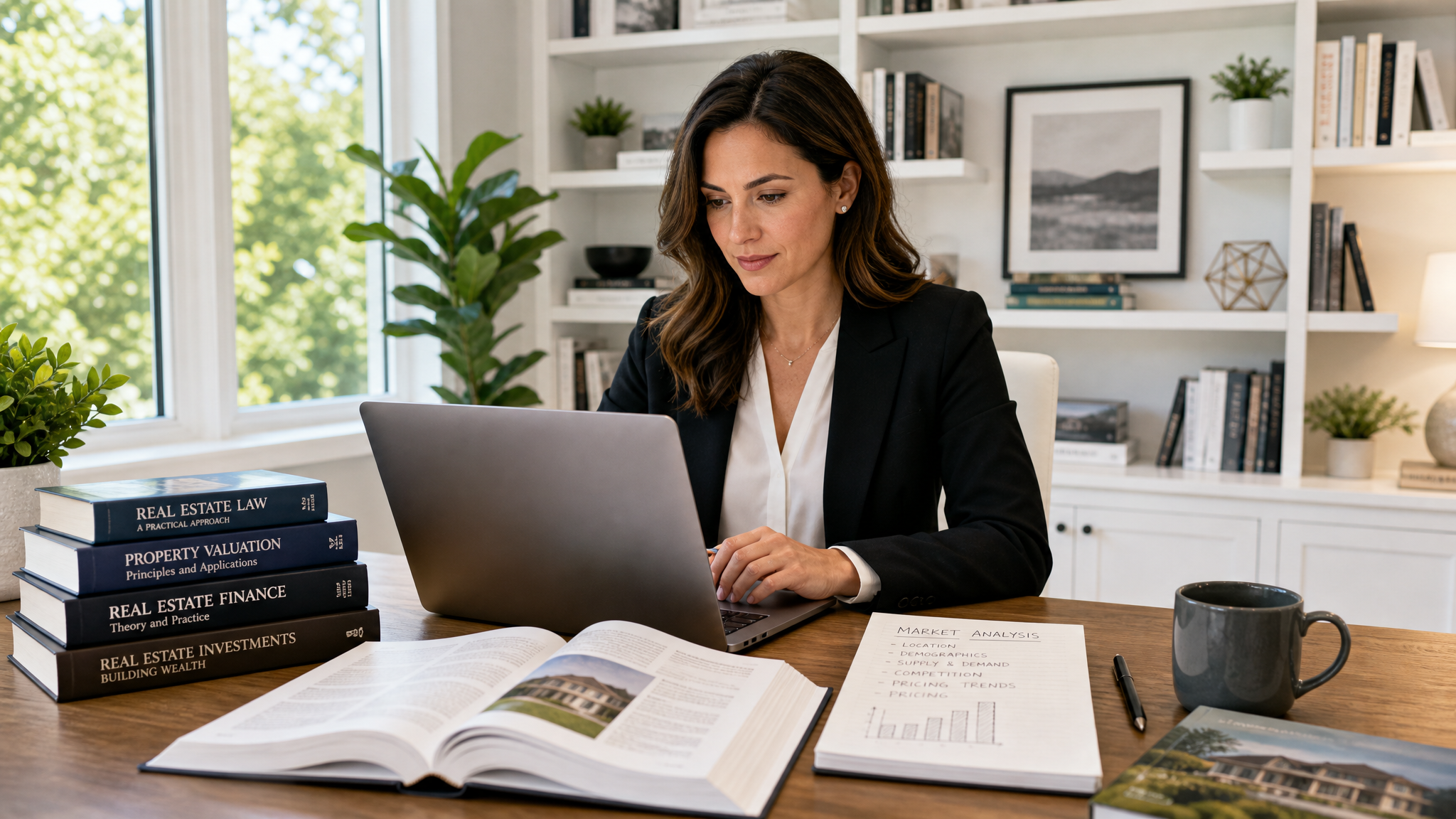 Professional studying continuing education materials on a laptop in a bright home office with books and notes