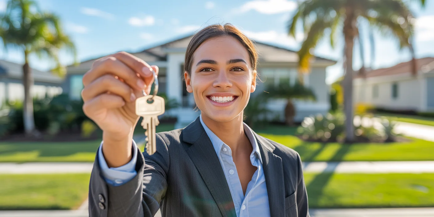 New Florida real estate agent holding keys in front of a sold home on a sunny day