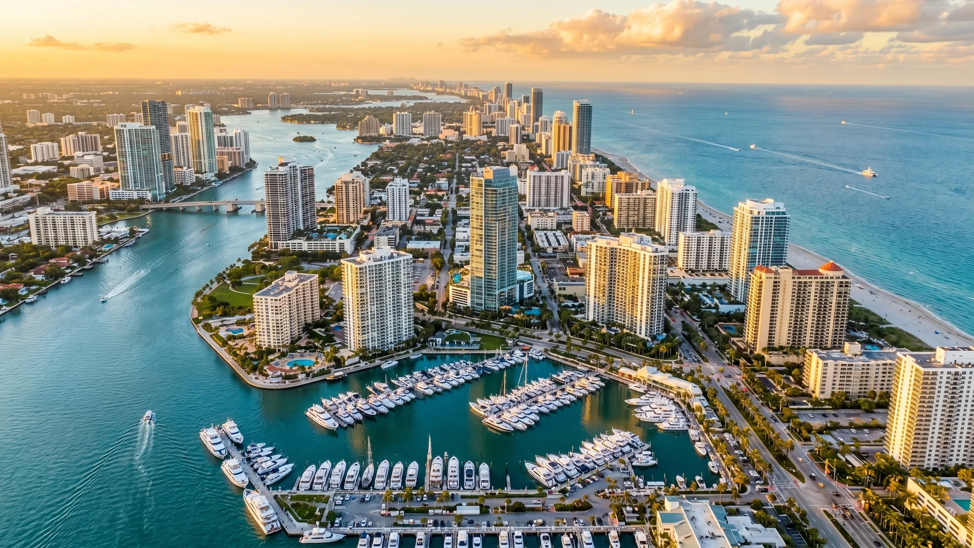Aerial view of thriving South Florida coastal city with luxury waterfront condos and marina