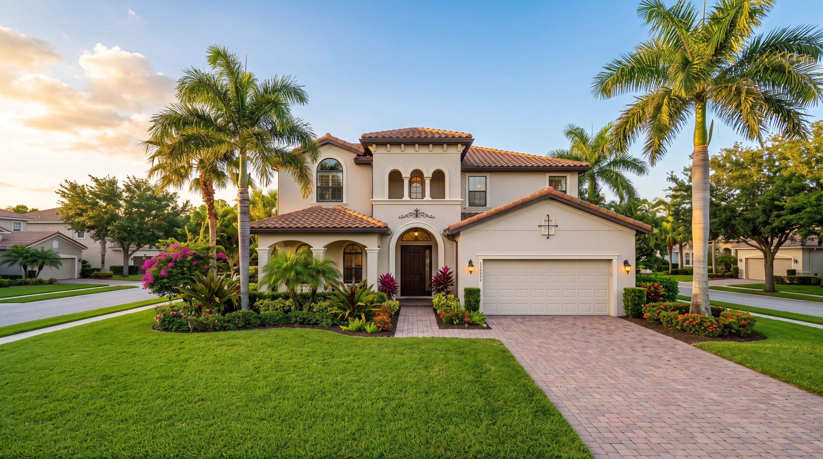 A single-family Florida homestead home with palm trees at golden hour