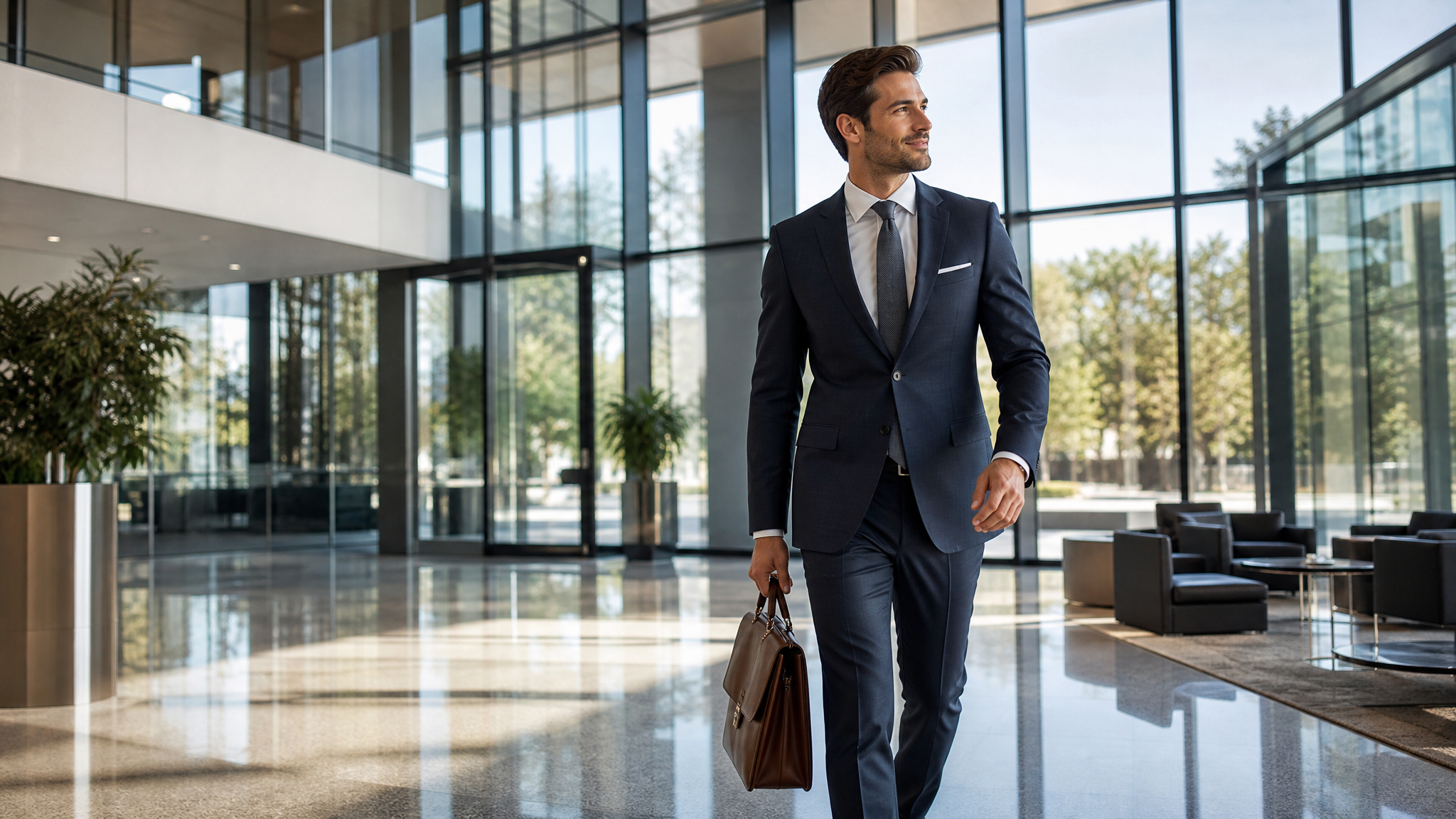 Confident real estate professional walking through a modern glass office lobby symbolizing career independence