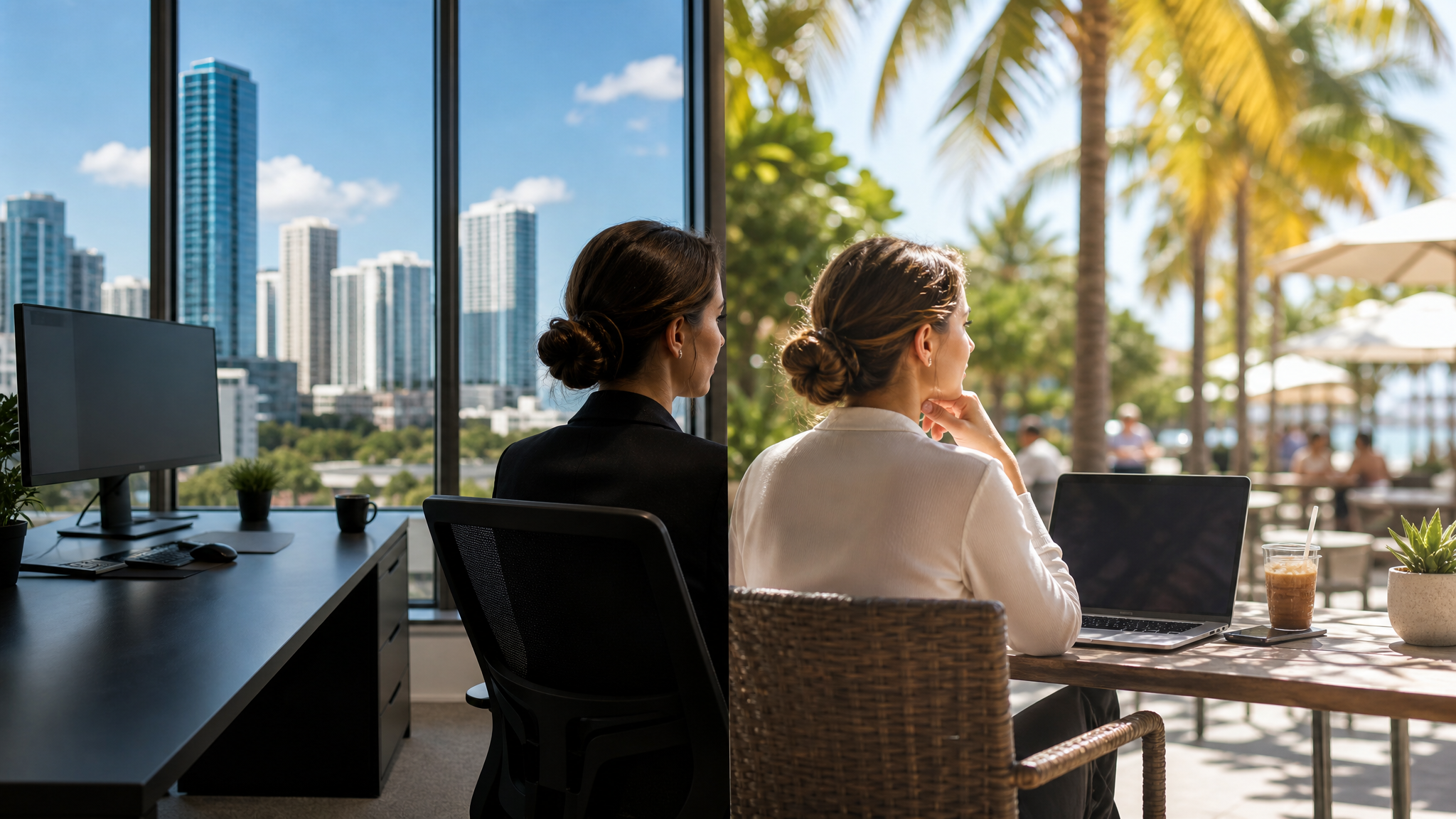 Split concept showing full-time office with Florida skyline and flexible part-time work at outdoor cafe with palm trees