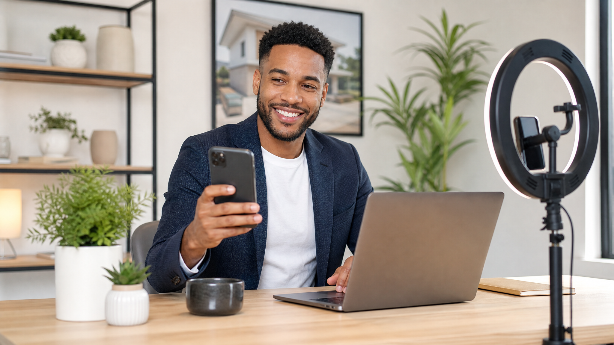 Real estate agent creating social media content and building personal brand at a modern workspace