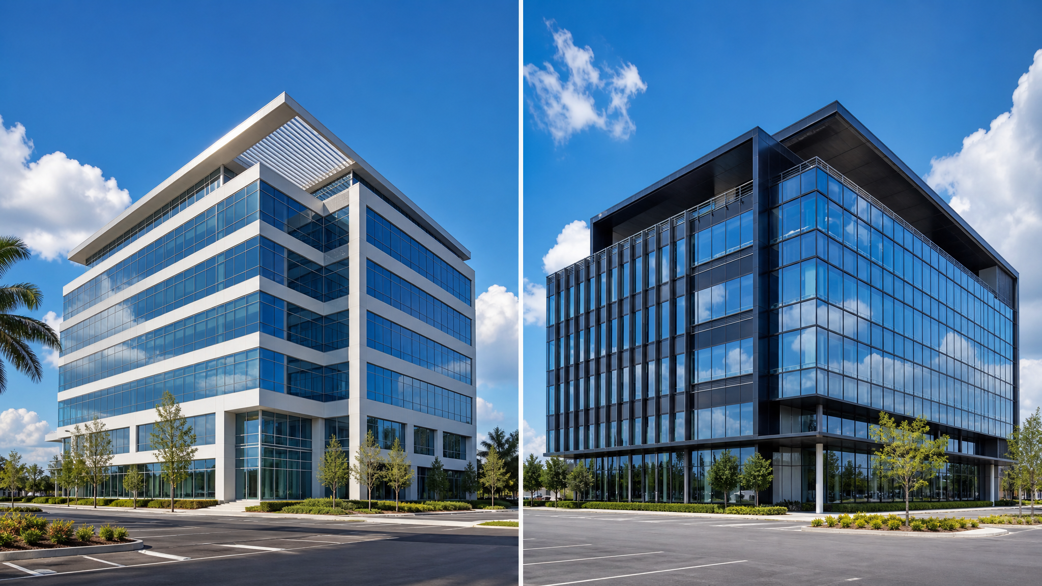 Two modern office buildings side by side against a Florida blue sky representing a brokerage comparison