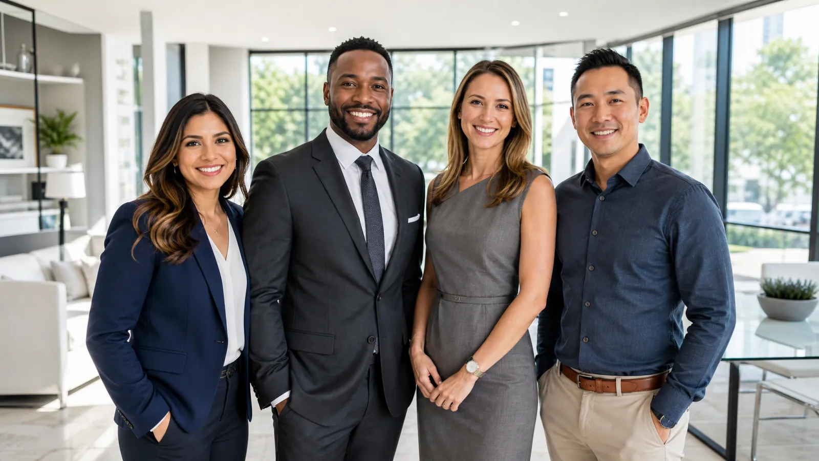 Diverse team of multilingual real estate agents collaborating in a bright modern Florida office