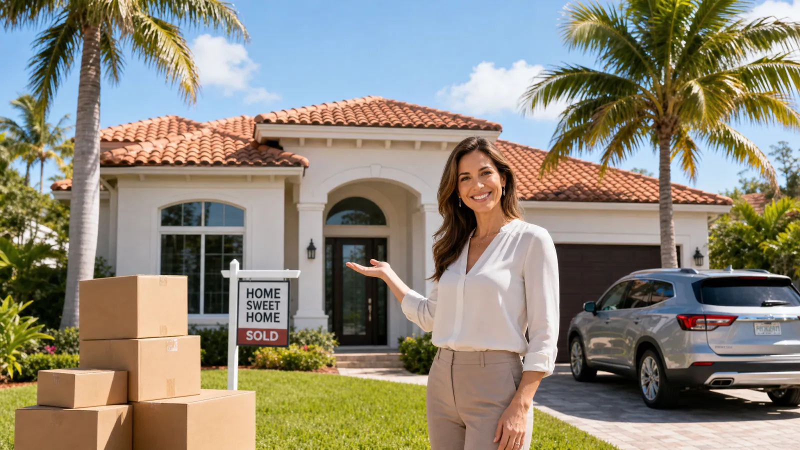 Real estate agent with moving boxes outside a sunny Florida home, relocating to start a career in Florida