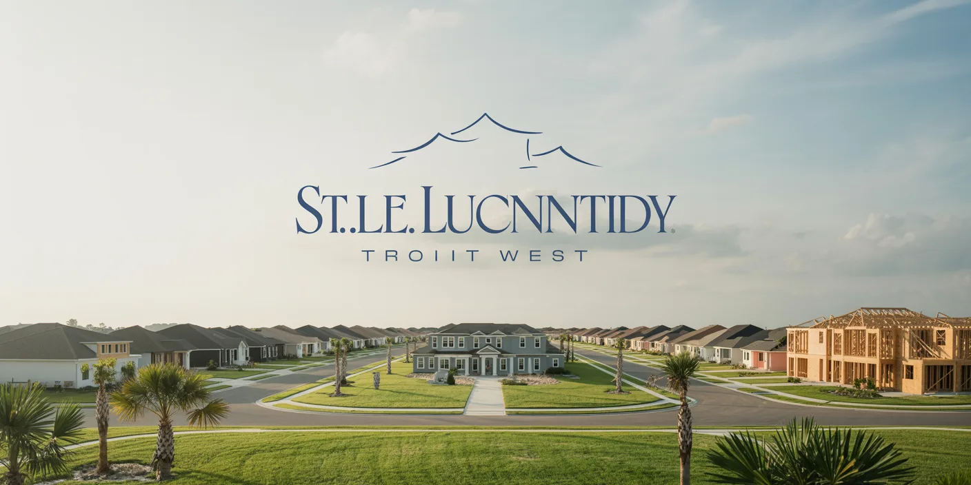 Florida new-construction master-planned community with newly built single-family homes and palm trees under a bright sky