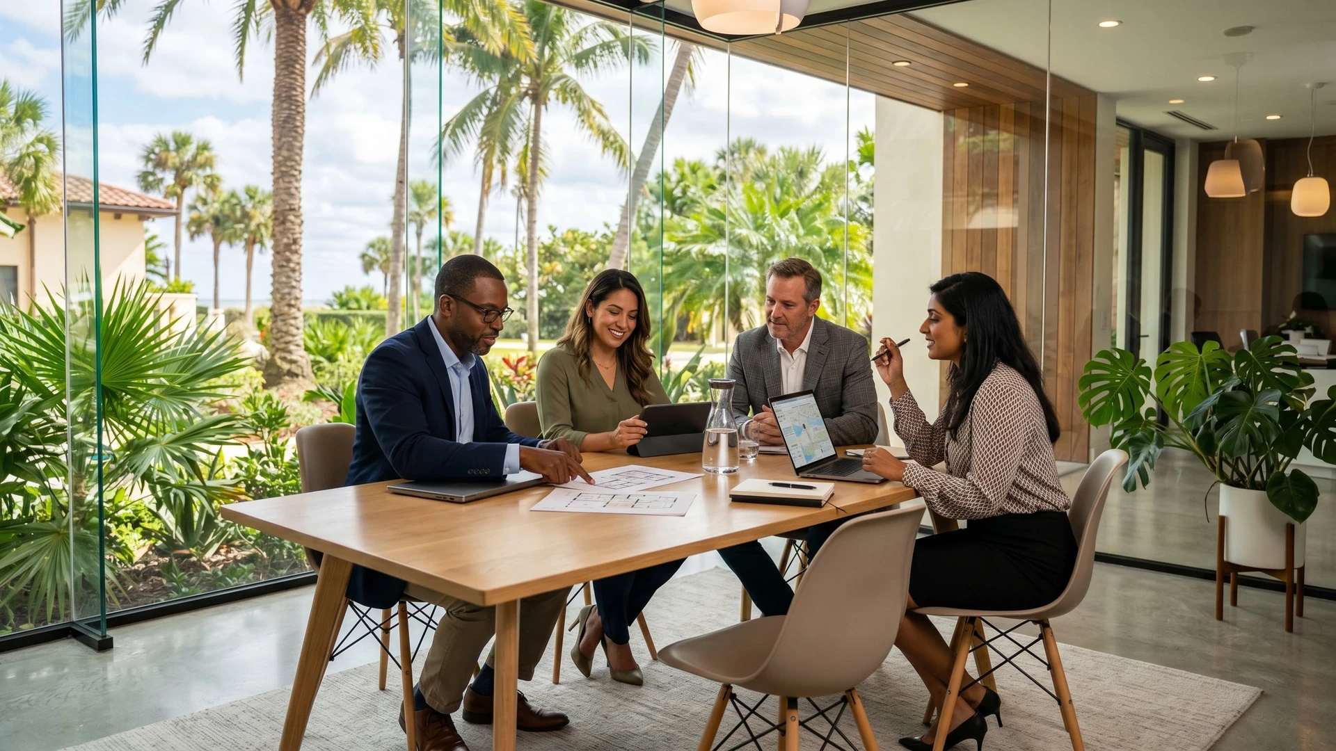 Florida real estate team meeting in a modern office discussing a move to a new brokerage